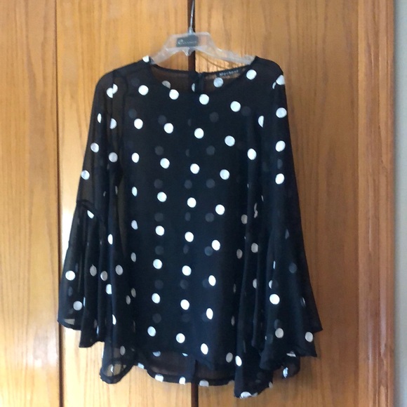 Sheer black and off white flared top with flared split sleeves. - Picture 1 of 11